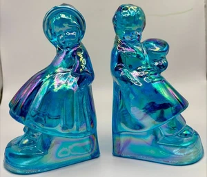 Vintage Wheaton Iridescent Glass Blue Bonnet Boy & Girl Bookend's - Picture 1 of 8