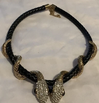 Black Leather Cord With Gold Colored Double Cz Encrusted Snakes Necklace (1611) - Image 1 of 4