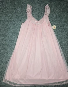 Camicia da notte vintage anni 70 rosa polvere di stelle nylon maniche pizzo raso e chiffon nuova con etichetta - Foto 1 di 6