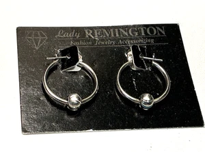 Lady Remington Earrings Silver Tone Etched Bead Locking Hoop  Lot 66B - Picture 1 of 3
