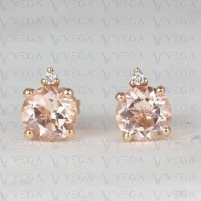 Pendiente de morganita natural y diamantes de forma redonda de 3,62 quilates de oro rosa macizo de 14 quilates Foto 1 de 4