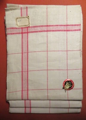 TORCHON CHOLET ancien en TOILE de LIN BIS à LITEAUX ROUGES - LOT de 3 TORCHONS - Photo 1/3