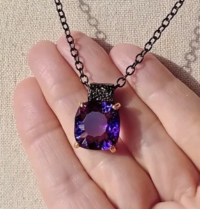 COLLIER ARGENTO STERLING 925 BRUNITO CON AMETISTA NATURALE TAGLIO CONCAVO - Foto 1 di 8