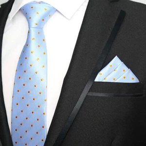 Tie Pocket Square Set Light Blue Orange Polka Dot Handmade Men's Wedding - Picture 1 of 6