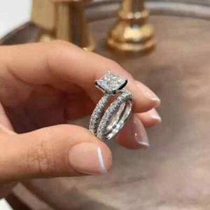 3 Ct Princess-Cut Moissanite Wedding Bridal Band Set Ring 14K White Gold Plated - Picture 1 of 5