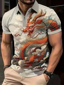 Men's Casual Dragon Print Lapel 1/4 Zipper Short Sleeve Shirt For Fitness XXL - Picture 1 of 5