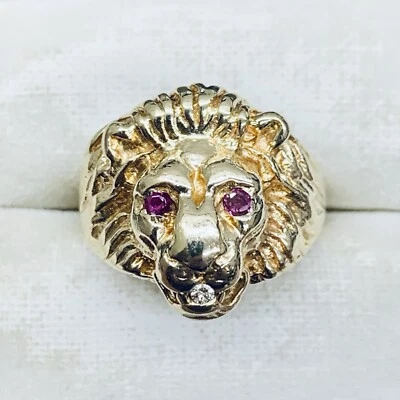 Anillo Oro Amarillo 14k Cabeza de León Diamante y Rubí Ojos Rojos 3D Zodiaco Leo Talla 7 Foto 1 de 4