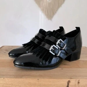 Shellys London Salisbury Black Patent Leather Fringe Silver Buckle Loafer Size 6 - Picture 1 of 16
