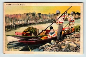 Postcard FL Seminoles Canoes Poles Supplies Stream Fort Myers - Picture 1 of 2