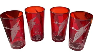 Set of 4 Mid Century Vintage Ruby Glass Tumblers with White Cranes MCM - Picture 1 of 1