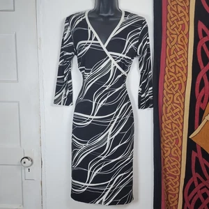 Vintage 90s Faux Wrap Midi Dress Sz M Stretch Career Office Siren Secretary - Picture 1 of 7