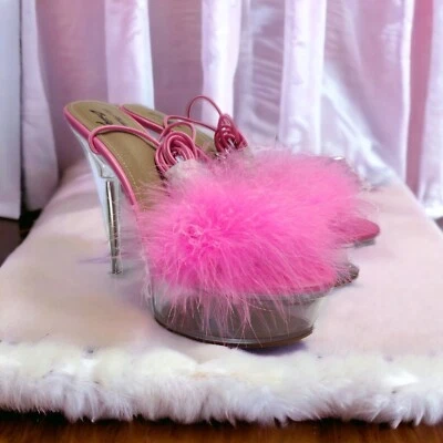 La Modish Clear Platform Stiletto Sandals Size 10 Marabou Lace Up Stripper Heels - Image 1 of 4