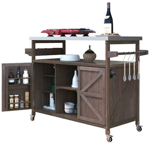Wood Outdoor Kitchen Island Cart Rolling Bar Cabinet BBQ Grill Table Dark Brown - Picture 1 of 12