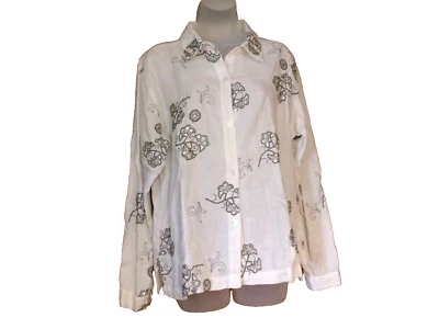 Camisa Chico's de Lino Blanco con Lentejuelas Bordadas Flor Gris Plata Talla 2 Foto 1 de 4