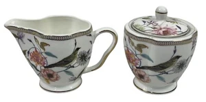 GRACE TEAWARE Creamer & Sugar Fine Porcelain Birds & Flowers Gold Trim New - Picture 1 of 16