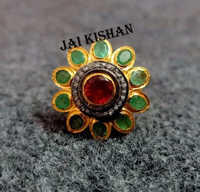 Elegant Smaragd Rubin Edelstein 925 Sterlingsilber Pave Diamant Jubiläum Ring - Bild 1 von 4