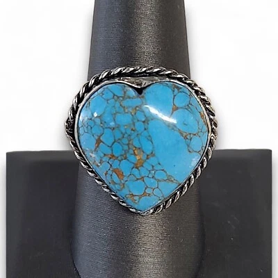 Lady's Gold Vein 蓝色绿松石心形戒指 925 纯银 8.75 码 — 第 1/4 张图片