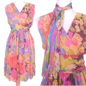 Suzy Perette Floral Tea Dress Ladies 14 Retro Scarf Silk Rare Pinup 60s Vintage - Picture 1 of 20