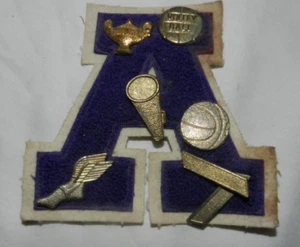 Vtg Varsity Letterman Jacket Felt Patch Letter A / Purple white 4-1/2" 7 pins - Picture 1 of 7