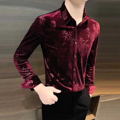 Mens Gold Velvet Shirt Long-sleeved  Autumn Party Host Costume Performance Shirt - Image 1 of 4