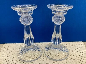Pair of Vintage Clear Glass Heavy - Candlestick Holders - Unmarked - 7.5" Tall - Picture 1 of 10