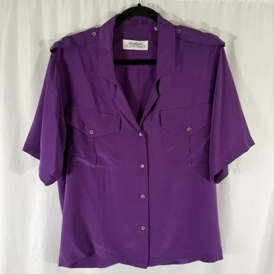 Blusa Ellen Tracy 100 % seda para mujer 12 púrpura abotonada manga corta ligera Foto 1 de 4