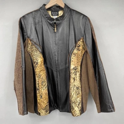 KOOS of course! Women's 1X Black Leather Jacket Animal Print Tweed Trim Brown - Image 1 of 4