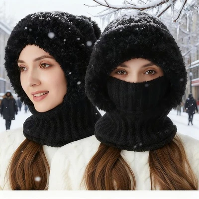 3 in 1 Women Beanie Cap Bobble Scarf Mask Set Knitted Winter Warm Snow Ski Cap - Image 1 of 4