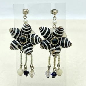 Vtg Shell Flower Earrings –Real Striped Sea Shells, Beaded Dangles, Coastal Boho - Picture 1 of 9