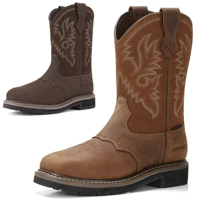 Botas de trabalho HISEA NINGO masculinas de couro caubói ocidental biqueira de aço/macia impermeável - Imagem 1 de 4
