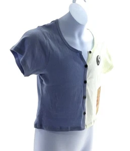 Social Scene Girls Blue and Ivory Short Sleeve Pullover Casual Top Button Up - Picture 1 of 3