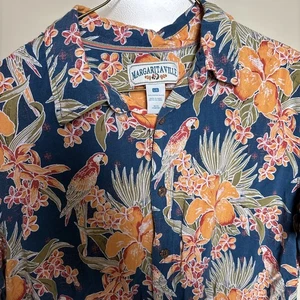 Margaritaville Men's Hawaiian Shirt Large/Medium Gold Flower Parrot Jimmy Buffet - Picture 1 of 14