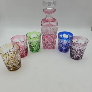 Decanter Lead Crystal Glass Stopper Western Germany Label + 5 Glasses - Picture 1 of 9