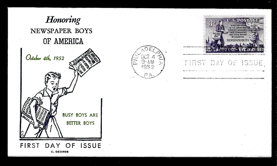 1015 3c Stamp (1952) THE NEWSPAPER BOYS & GIRLS FDC - C. W. GEORGE - THERMOGRAPH - Image 1 of 1