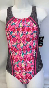 SPEEDO Girls DIGI ZIG ZAG HEATHER SPORT SPLICE pink/gray 1pc  Swimsuit, 16 - Picture 1 of 2
