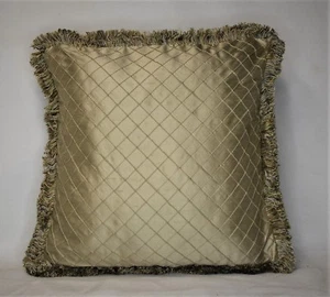 embroidered green gold silk decorative throw pillow with brush fringe - Picture 1 of 3