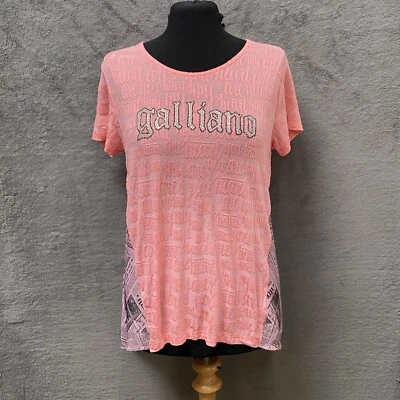 John GALLIANO Pink T-Shirt Top Size XL Womens Y2K Newspaper Print Bejewelled - Image 1 of 4