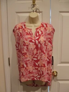 NWT Stylus $36 RED TROPICAL FLORAL PRINT SLEEVELESS TUNIC TOP top size MEDIUM - Picture 1 of 4