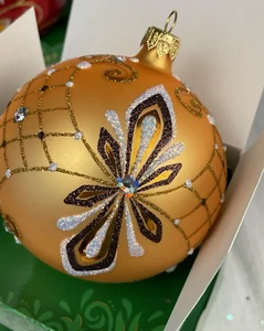 Yolochka Russian 3.5" Glass Christmas Ornament Hand Painted Glitter- Brass - Picture 1 of 9