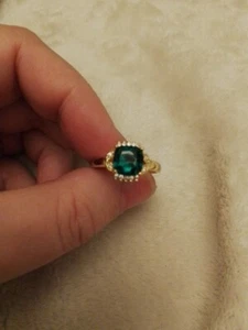 Beautiful Gold Plated Ring With Green Cushion Cut And Halo Size UK P And USA 7.5 - Picture 1 of 4