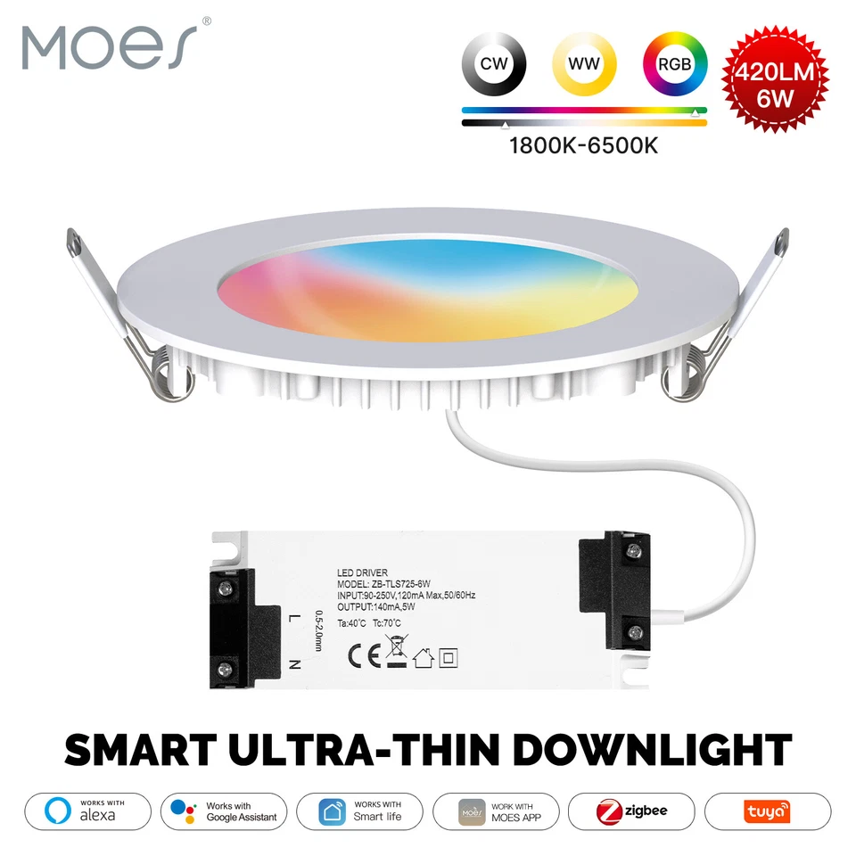 MOES ZigBee Smart LED Downlight Ultra Thin Spot Bulb 6W Dimmable RGB C+W - Image 1 of 4