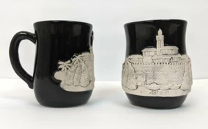 Antalya Turkiye Turkey Ceramic Mugs - Two (2) - White Relief Design on Black - Picture 1 of 8