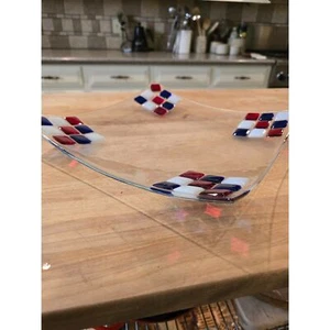 Art Glass Red/White/Blue Clear Glass Plate with 4 Small Plates Unique - Picture 1 of 6