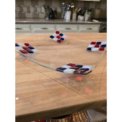 Art Glass Red/White/Blue Clear Glass Plate with 4 Small Plates Unique Foto 1 de 4