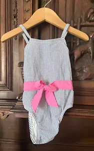 Baby Gap Girls Blue White Seersucker Pink Bow 0-6 Months Swimsuit Playsuit - Picture 1 of 4