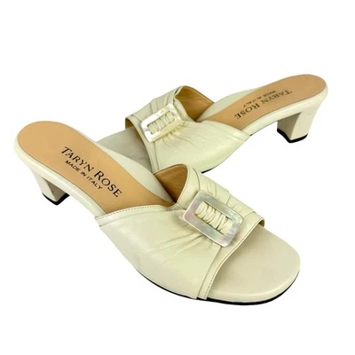 Sandalia elegante Taryn Rose EU 37 cuero marfil punta abierta adornada con perlas tacón bloque Foto 1 de 4