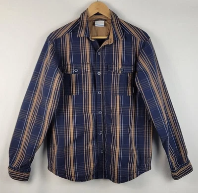COLUMBIA Men's Small Fleece Lined Long Sleeve Button Navy & Tan Plaid Work Shirt - Image 1 of 4