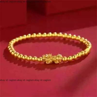 Pure 24K Yellow Gold 999 Dragon Pixiu 4mm Beads Women Bracelet Bangle 2.1-2.3g - Image 1 of 4