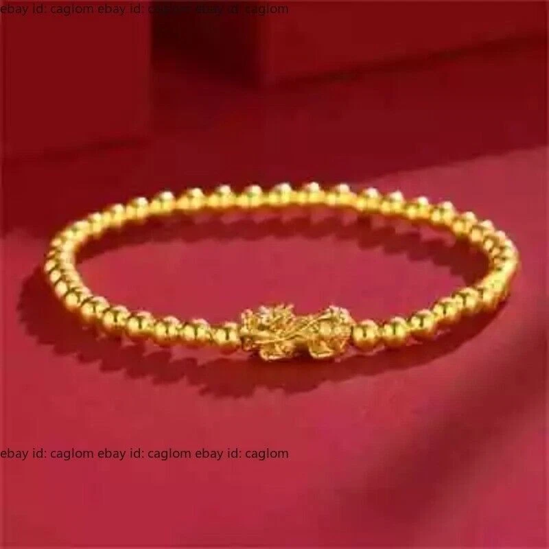 Pure 24K Yellow Gold 999 Dragon Pixiu 4mm Beads Women Bracelet Bangle 2.1-2.3g - Image 1 of 4