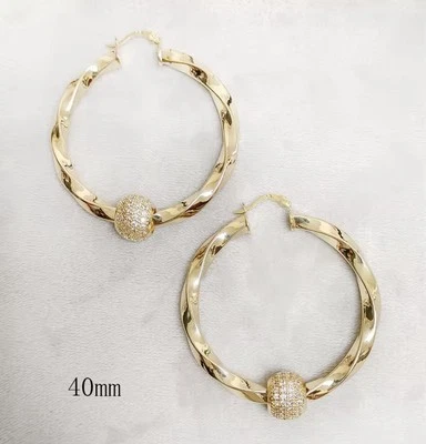 9ct yellow Gold gf Twisted  40 mm Chunky Hoop Earrings With cz Crystal Balls - Image 1 of 4